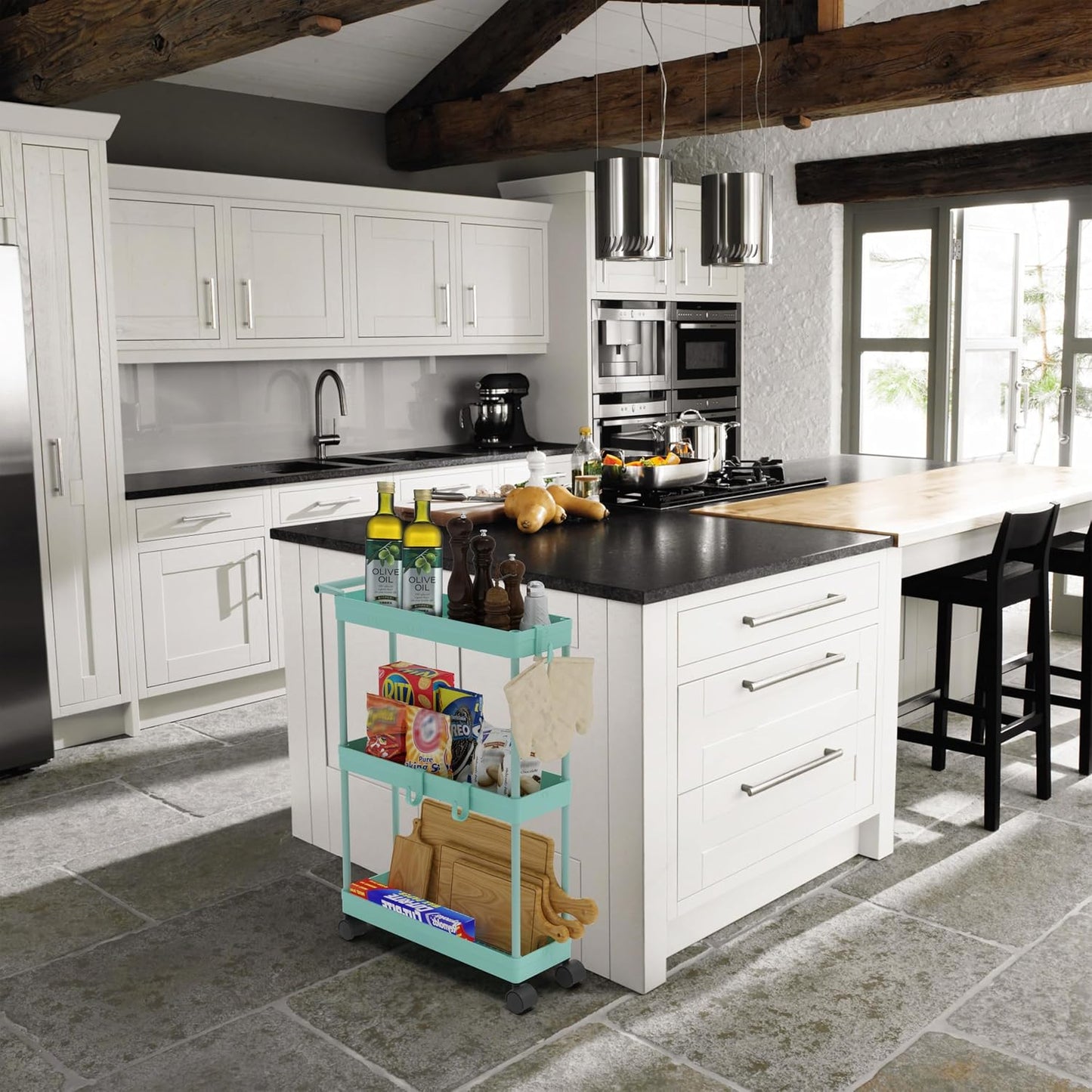 Simple Houseware 3-Tier Slim Rolling Cart w/Handle 5.5" Wx27.5 H, Turquoise | Storage Cart for Narrow Space (5.5-Inch Wide) Kitchen, Bathroom, Laundry Room