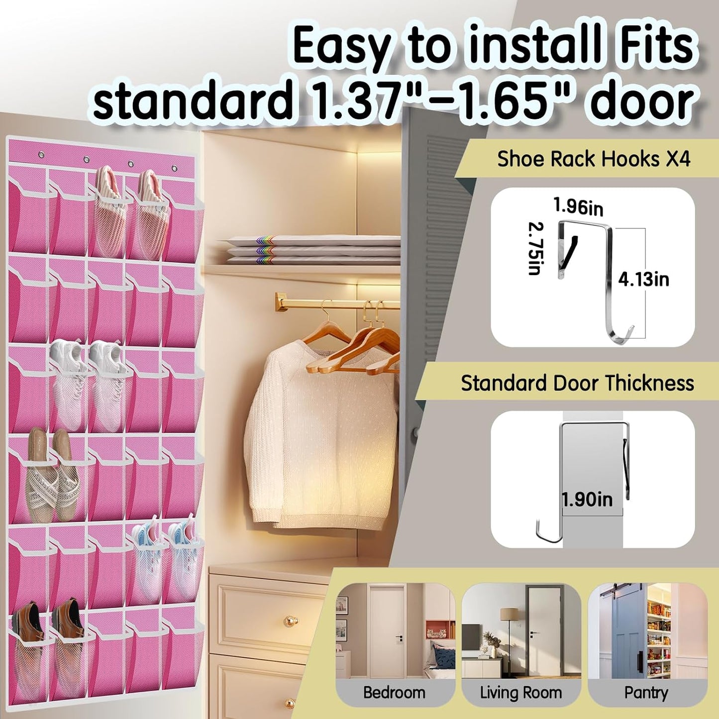 Kotkn Over the Door Shoe Organizer with 30 Breathable Mesh Pockets - Large Capacity Closet Storage for Men & Women, Hanging Shoe Rack Organizer (Gray)
