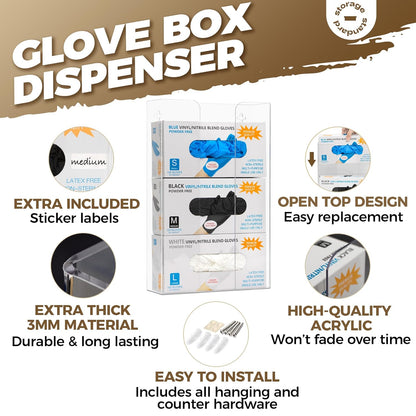 Storage Standard Glove Box Holder Dispenser - Kitchen, Medical, & Latex Gloves Holder Wall Mount or Countertop, Universal Fit - Thick Acrylic, Easy to Use, Slide, & Load Open Top Design - Clear