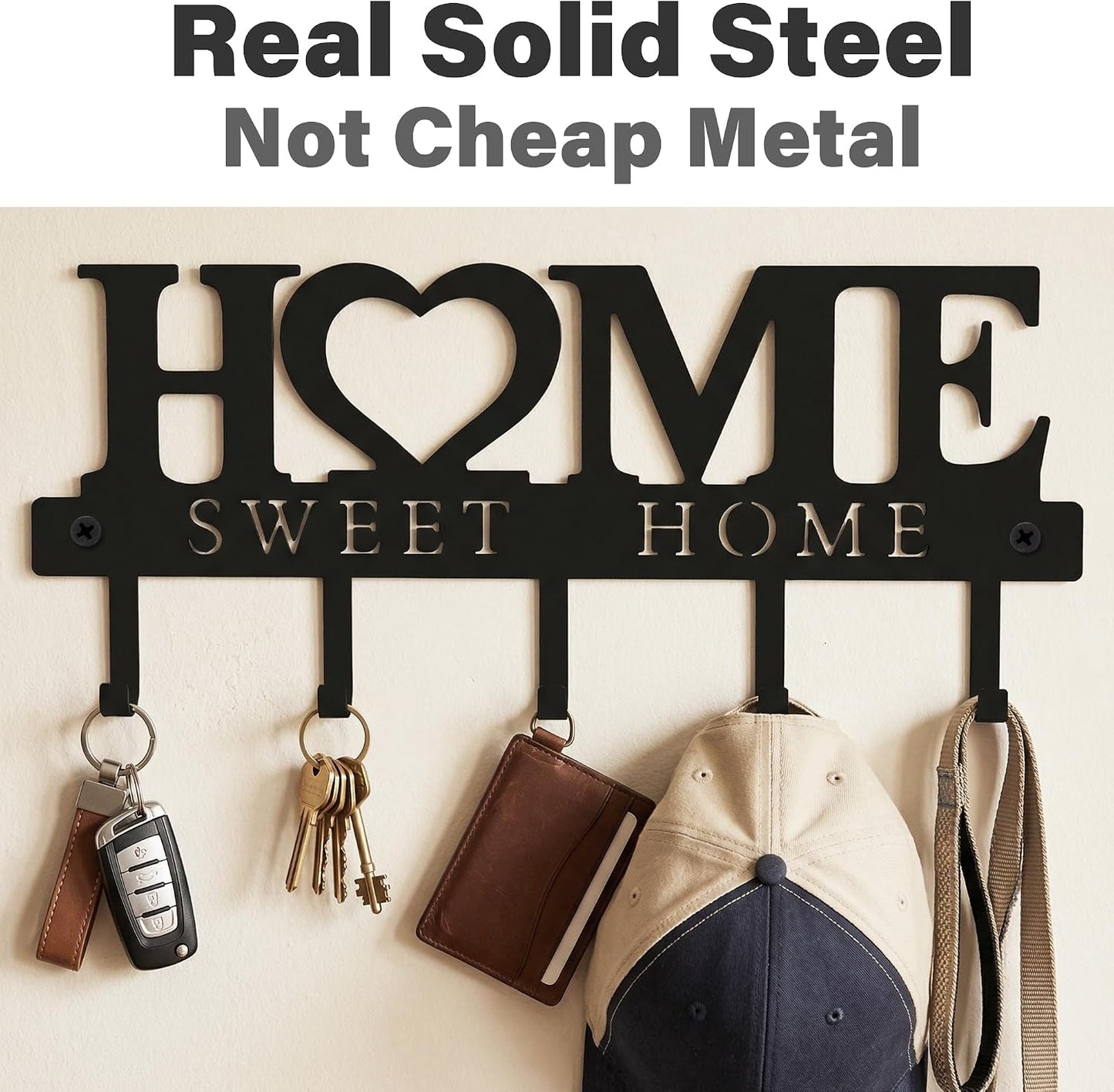 Key Holder for Wall with 5 Hooks, Wall Mounted Metal Key Rack Organizer, Home Sweet Home Heart Decor Key Hooks for Entryway, Mudroom, Kitchen, Dog Leashes, Coats, Housewarming Gift, Black