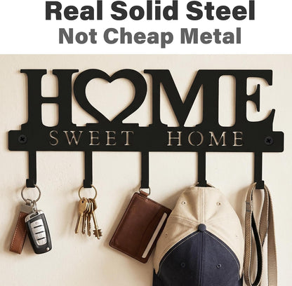 Key Holder for Wall with 5 Hooks, Wall Mounted Metal Key Rack Organizer, Home Sweet Home Heart Decor Key Hooks for Entryway, Mudroom, Kitchen, Dog Leashes, Coats, Housewarming Gift, Black