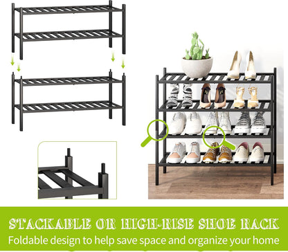 BMOSU 2-Tier Bamboo Small Shoe Rack Premium Stackable Shoe Shelf Storage Organizer for Hallway Closet Living Room Entryway Organizer (Black Bamboo)