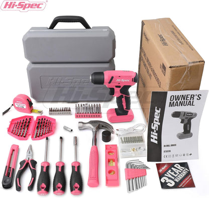 Hi-Spec Tool Kit with 3.6V USB Small Electric Screwdriver Set, Pink Drill Set for Women, Tool Kit for Home
