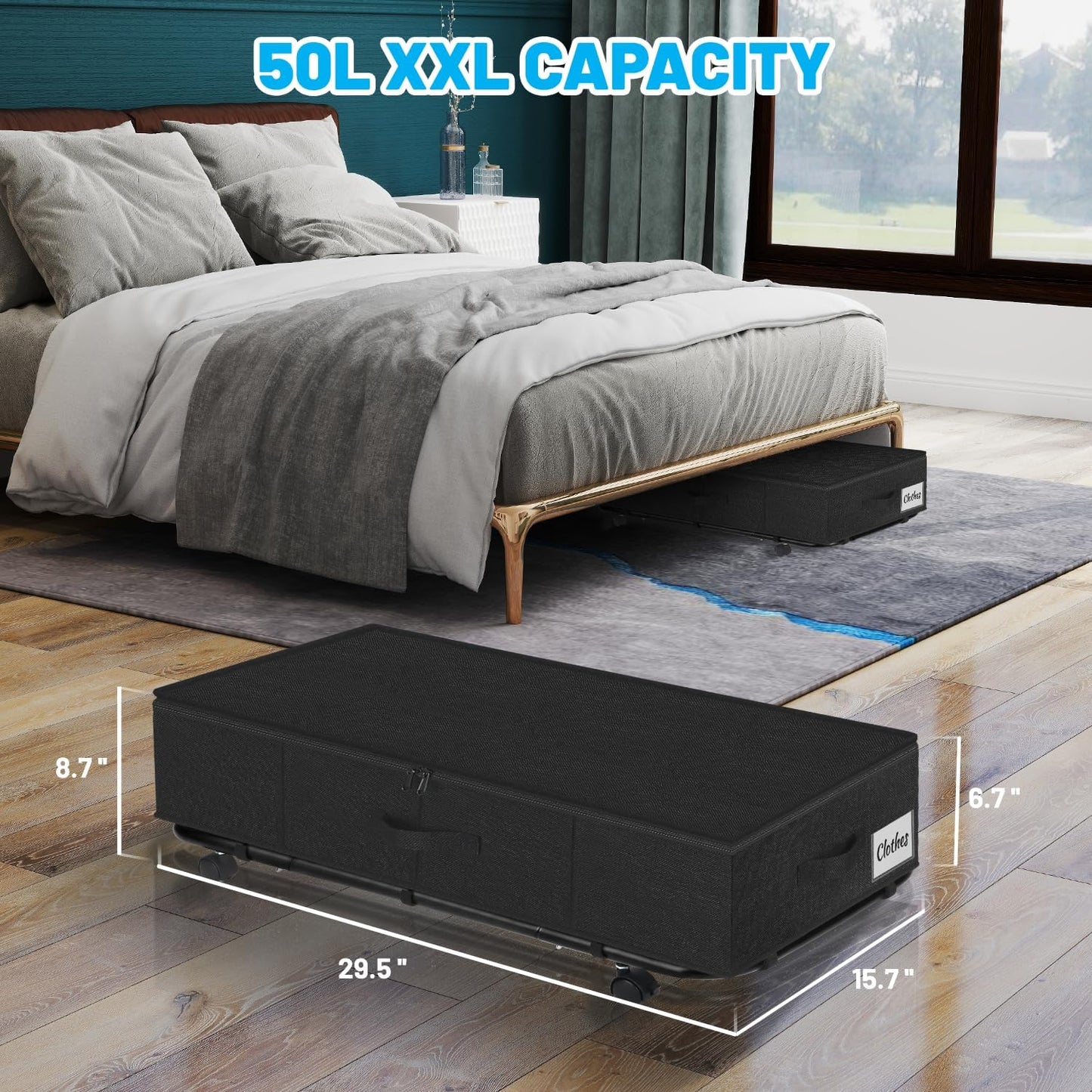 Under Bed Storage with Wheels, 2-Pack 10" Height XXL 75L Rolling Storage Bins, Quick Assembly Underbed Shoe Storage Containers with Clear Lid & Label, Dorm Under Bed Drawers for Clothes, Shoes, Black