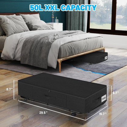 Under Bed Storage with Wheels, 2-Pack 10" Height XXL 75L Rolling Storage Bins, Quick Assembly Underbed Shoe Storage Containers with Clear Lid & Label, Dorm Under Bed Drawers for Clothes, Shoes, Black