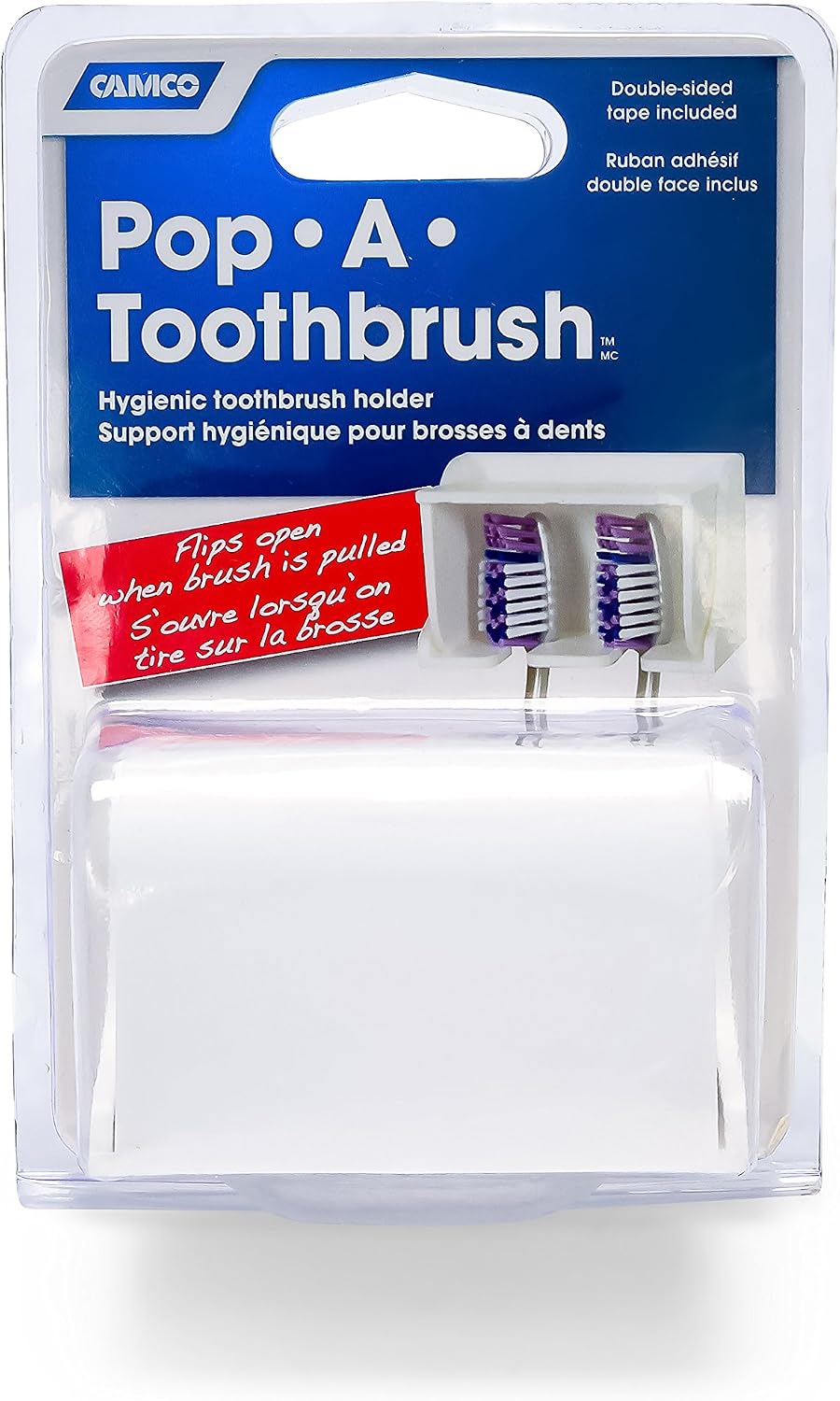 Camco Pop-A-Toothbrush Bathroom Organizer | Features Protective Cover & Vented Design for Quick Drying | Great Addition to Bathroom Accessories, Bathroom Storage & More | Fits 2 Toothbrushes (57203)