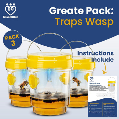 Solar Wasp Traps Outdoor Hanging 3 Pack Reusable Catcher with LED Light for Yellow Jackets Hornets Bees Flies Patio Porch Garden Backyard