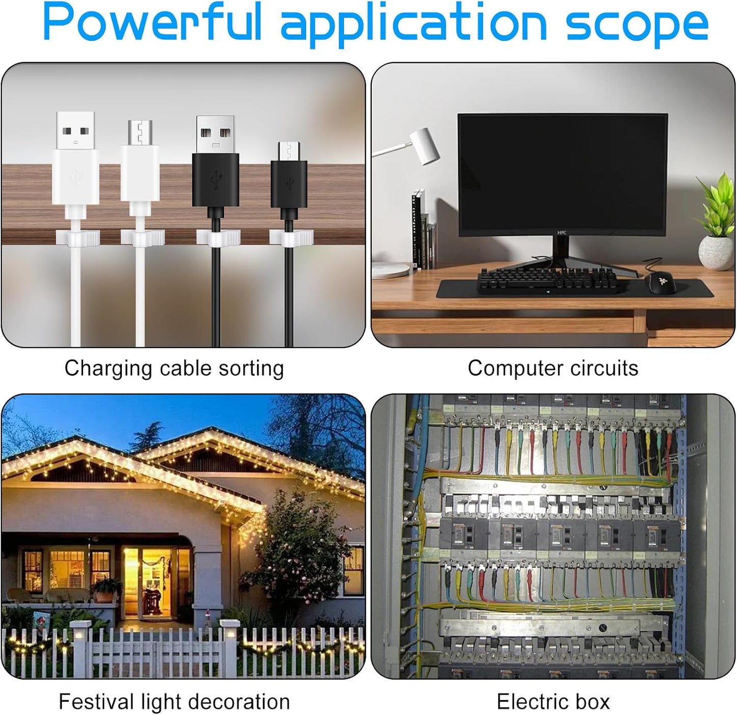 XHF 100pcs Adhesive Cable Wire Clips Black, Outdoor Cable Management Wire Organizer Cord Holder for Under Desk, Car, Wall, TV PC Ethernet Cable