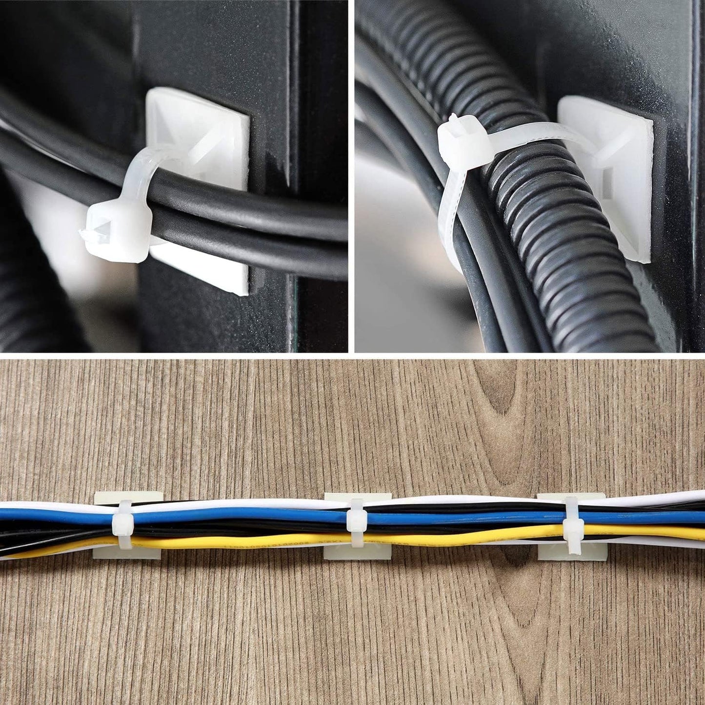 Strong Back-Glue Self Adhesive Cable Zip Tie Mounts Kit - 50 Set Cable Management Clips with 6" Zip Ties, Wire Holders - Outdoor Sticky Wire Organizer Clips-Black (50 Set, Black)