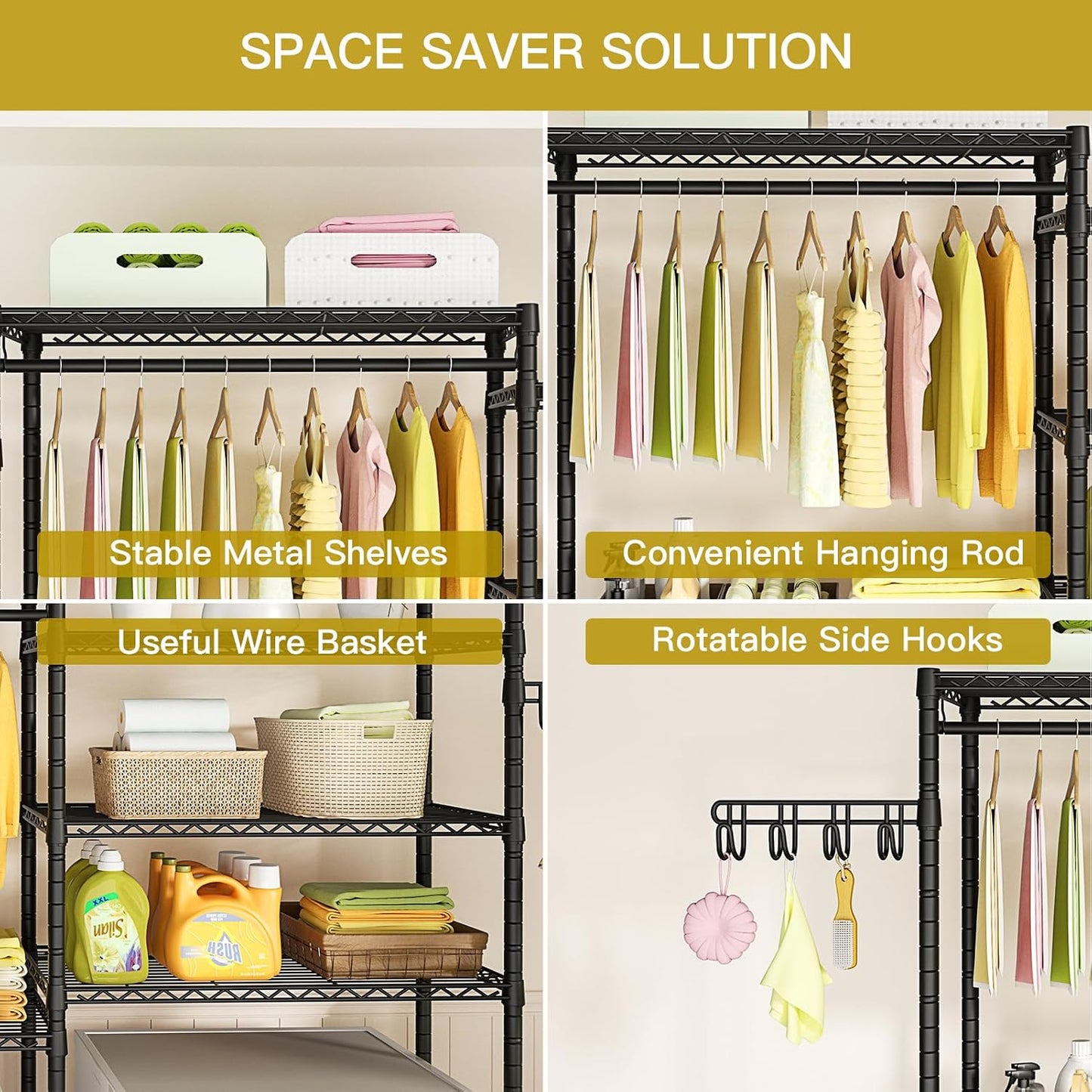 Ulif U5 Over the Washer and Dryer Storage Shelf, Laundry Room Space Saver Bathroom Storage and Organizer Rack for Hanging Towels and Drying Clothes with 5 Wire Shelves, 58.2"W x 13.4"D x 77.5"H, Black