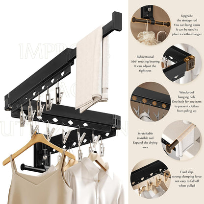 Wall Mounted Tri-Fold Clothes Drying Rack, Heavy Duty Collapsible Laundry Drying Rack, Space-Saving Retractable Foldable Drying Rack Clothes for Laundry Room Balcony Bathroom,Black-Hooks