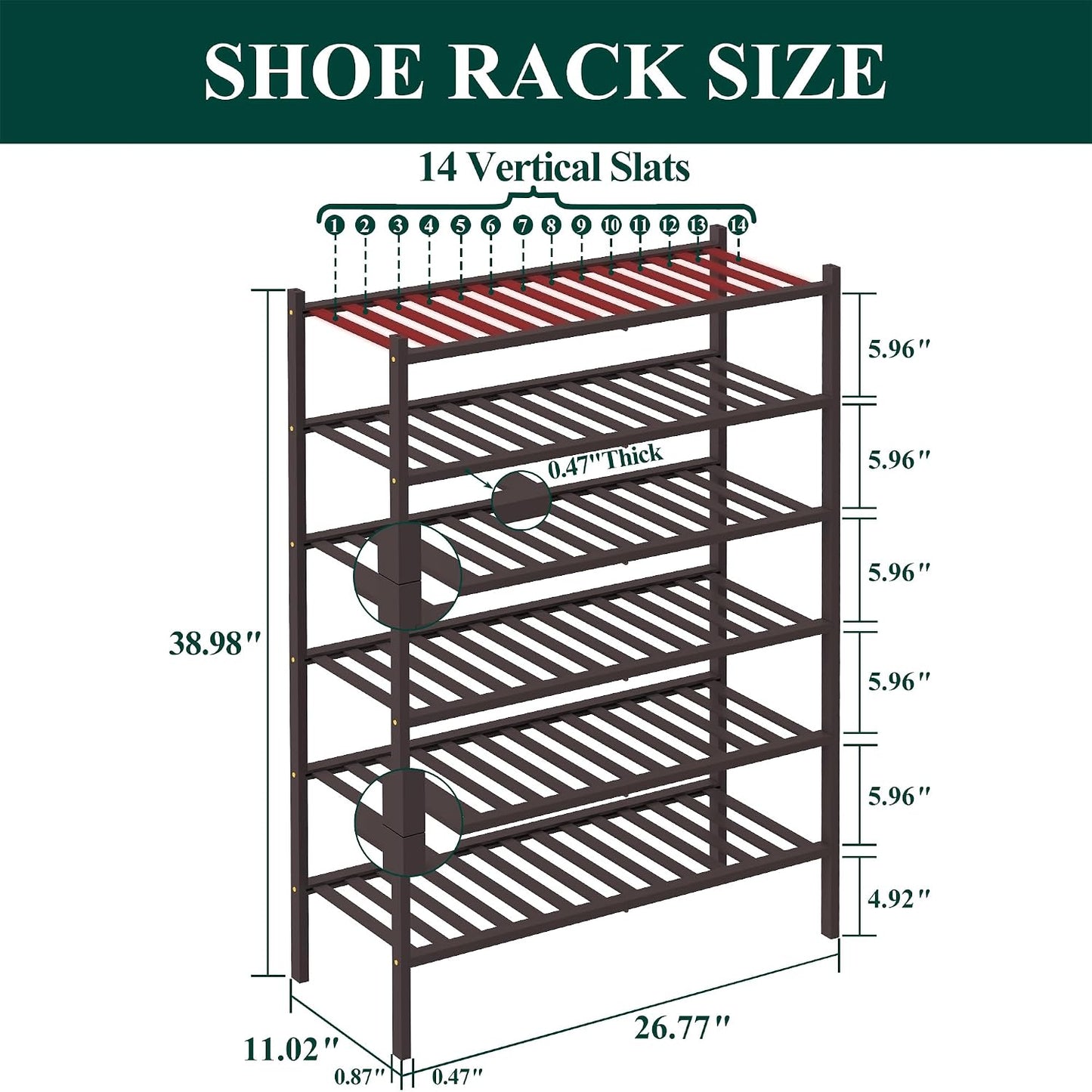 Smiry Bamboo Shoe Rack, 3 Tier Free Standing Wooden Shoe Organizer, Stackable Wood Shoe Storage Shelf for Closet, Entryway, 12 Vertical Slats, 2+1 Stack Standard Legs, 26.8"x11"x19.5", Natural