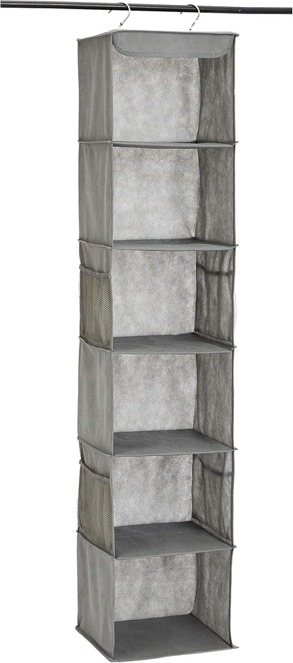 Amazon Basics 6-Tier Hanging Closet Shelf Organizer with Pockets, Clothes Storage for Sweaters and Clothing, 12" W x 9" L x 8.5" H, Grey | Organizer