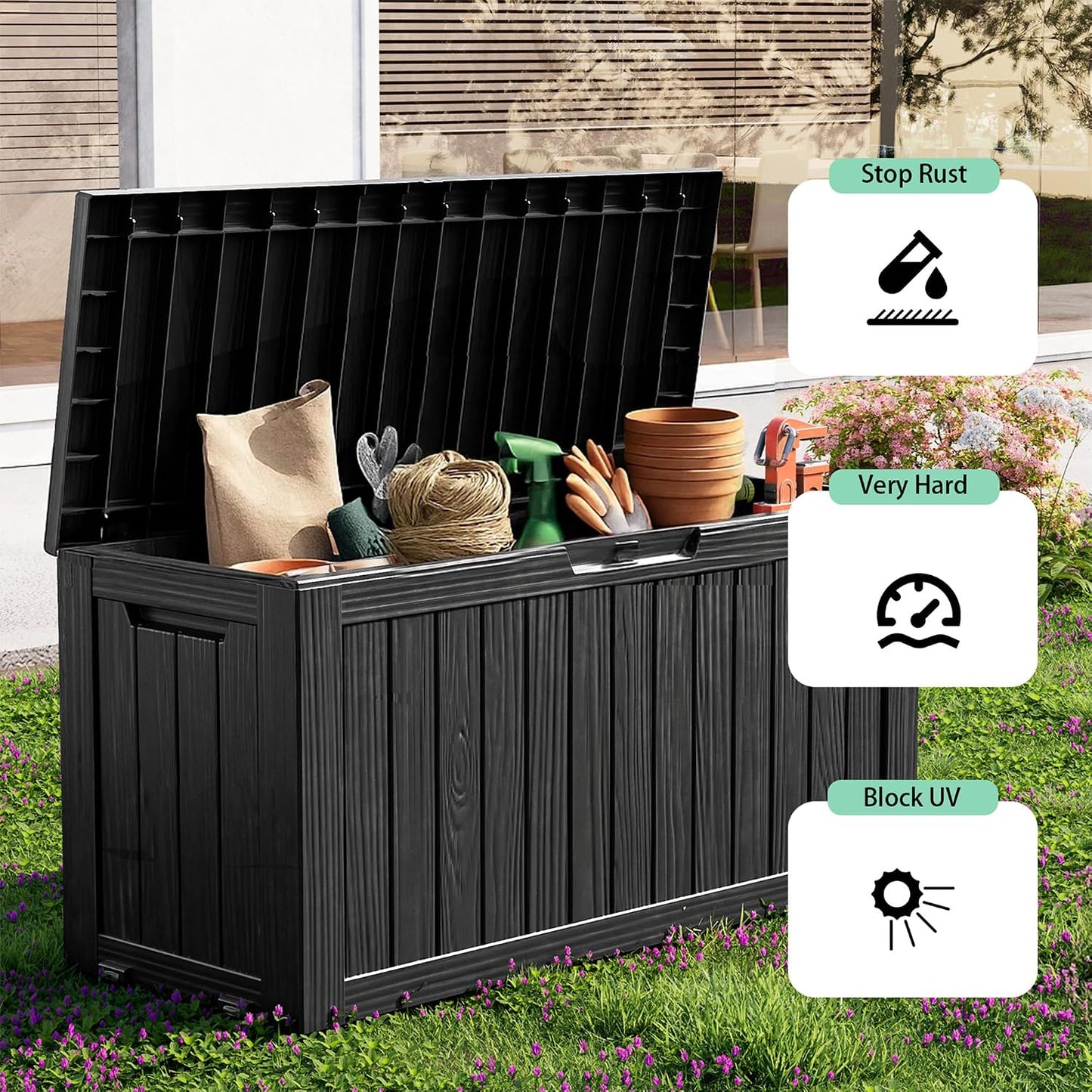 PatioZen 50 Gallon Deck Box Outdoor, Weatherproof Resin Patio Storage Box, Waterproof Outdoor Storage Boxes with Lid Lockable for Cushions, Garden Tools,Grey