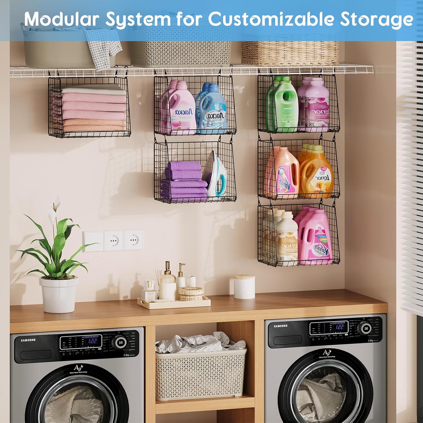 3-Pack Extra-Tall 13.6'' Hanging Laundry Basket Organizer, Foldable Wire Shelf with 360° Rotating Hooks & Reinforced Height - Durable Space-Saving Laundry Room & Closet Organizer, White Patent