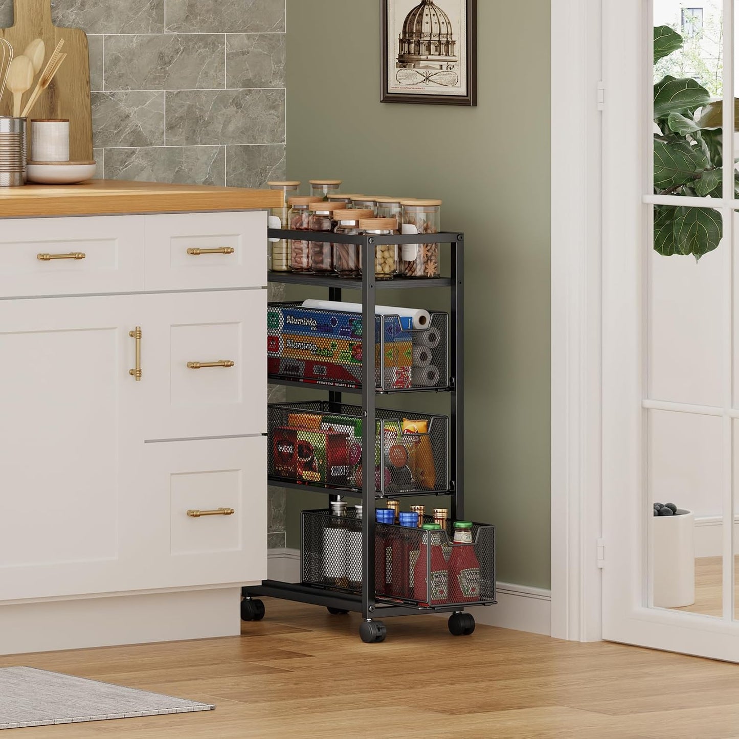 4 Tier Kitchen Rolling Cart, Kitchen Storage Cart with Wheels, Adjust Pantry Organizer and Storage Cart with Drawer, Fruit Vegetable Spice Storage Cart, Wooden Top Metal Kitchen Organizer Rack Stand