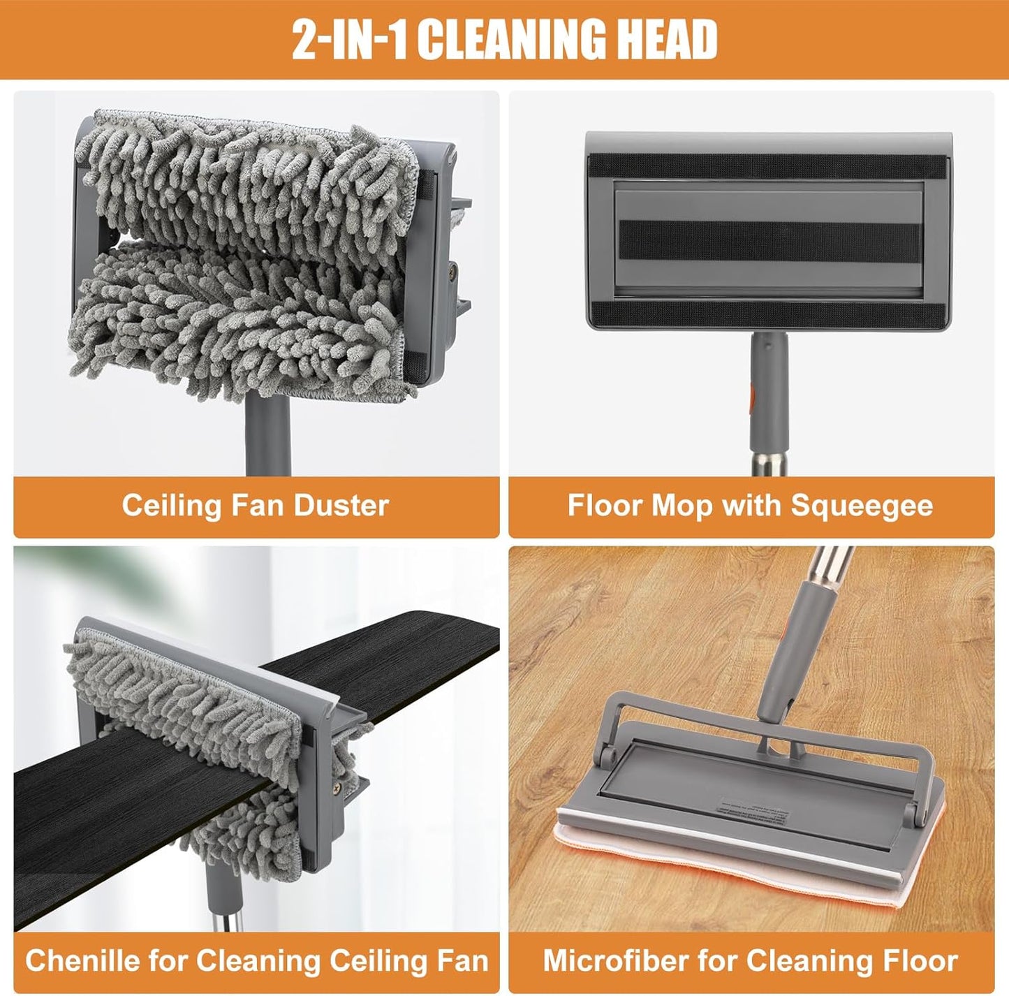 CALBEAU Ceiling Fan Cleaner Duster with 84'' Extension Pole, Baseboard Cleaner Tool with Handle, Reusable Chenille & Microfiber Pads for Dusting Ceiling Fan Baseboard Wall Window Floor