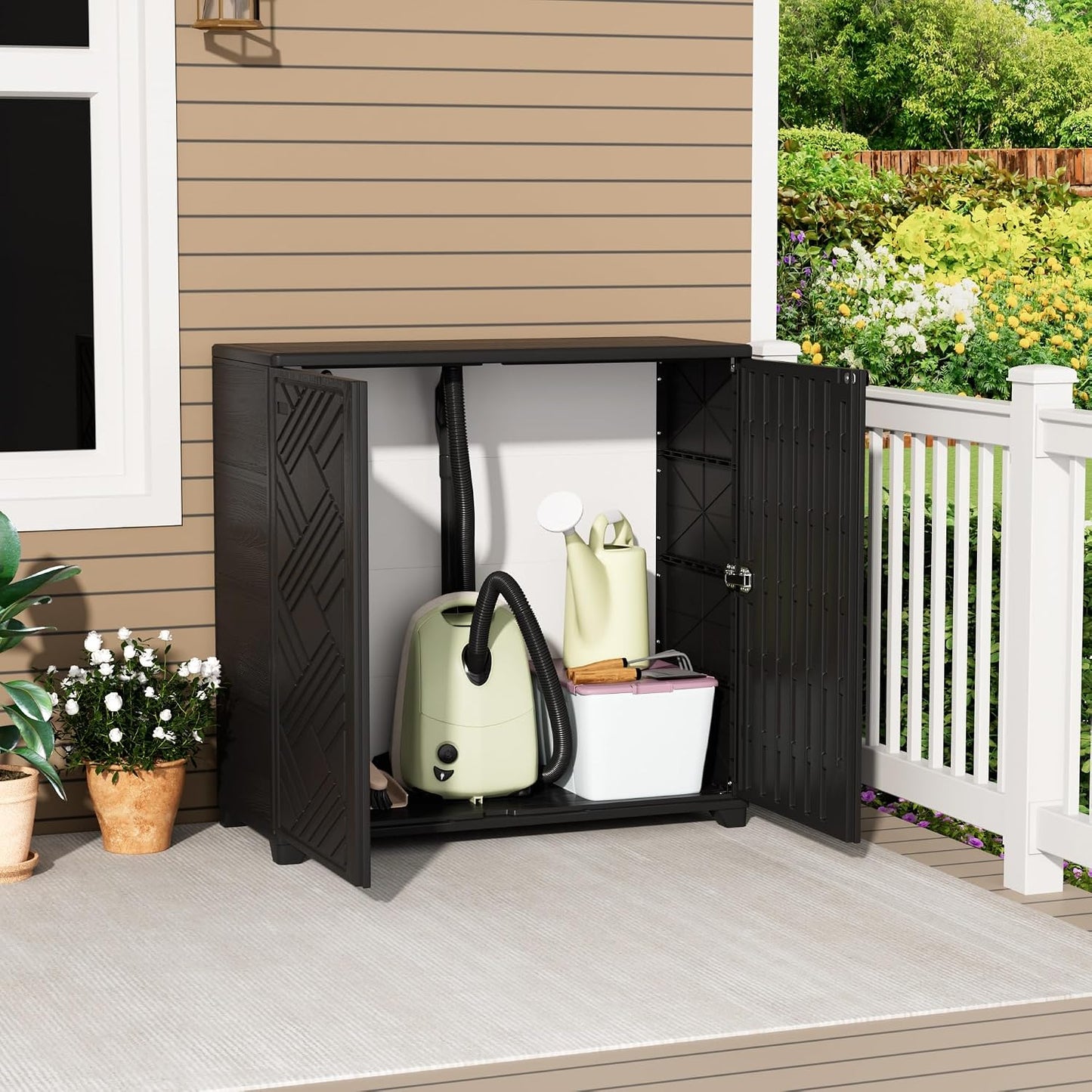 ADDOK Outdoor Storage Cabinet,60 Gallon Waterproof Resin Patio Storage Cabinet with 1 Adjustable Metal Shelf, Upright Outdoor Cabinet for Garden Tools, Pool Supplies, Toys, Porch and Garage