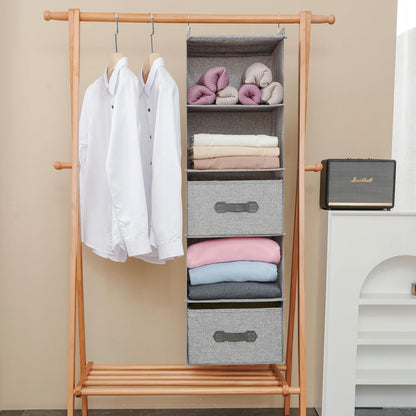 Large Hanging Sweater Organizer for Closet,Collapsible 6-Shelf Hanging Closet Shelves with Drawers, Washable (Grey-6 Shelf)