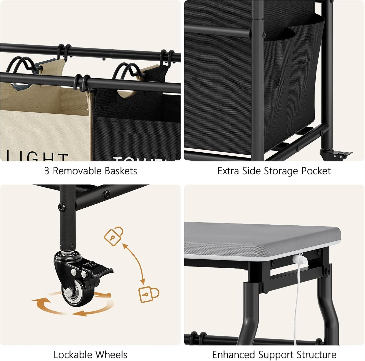 Hoctieon 3 Section Laundry Sorter Cart with Ironing Board, Laundry Hamper with Shelf and Rolling Wheels, Heavy Duty Laundry Basket Organizer, Large Clothes Separator Hamper with Removable Bags, Black
