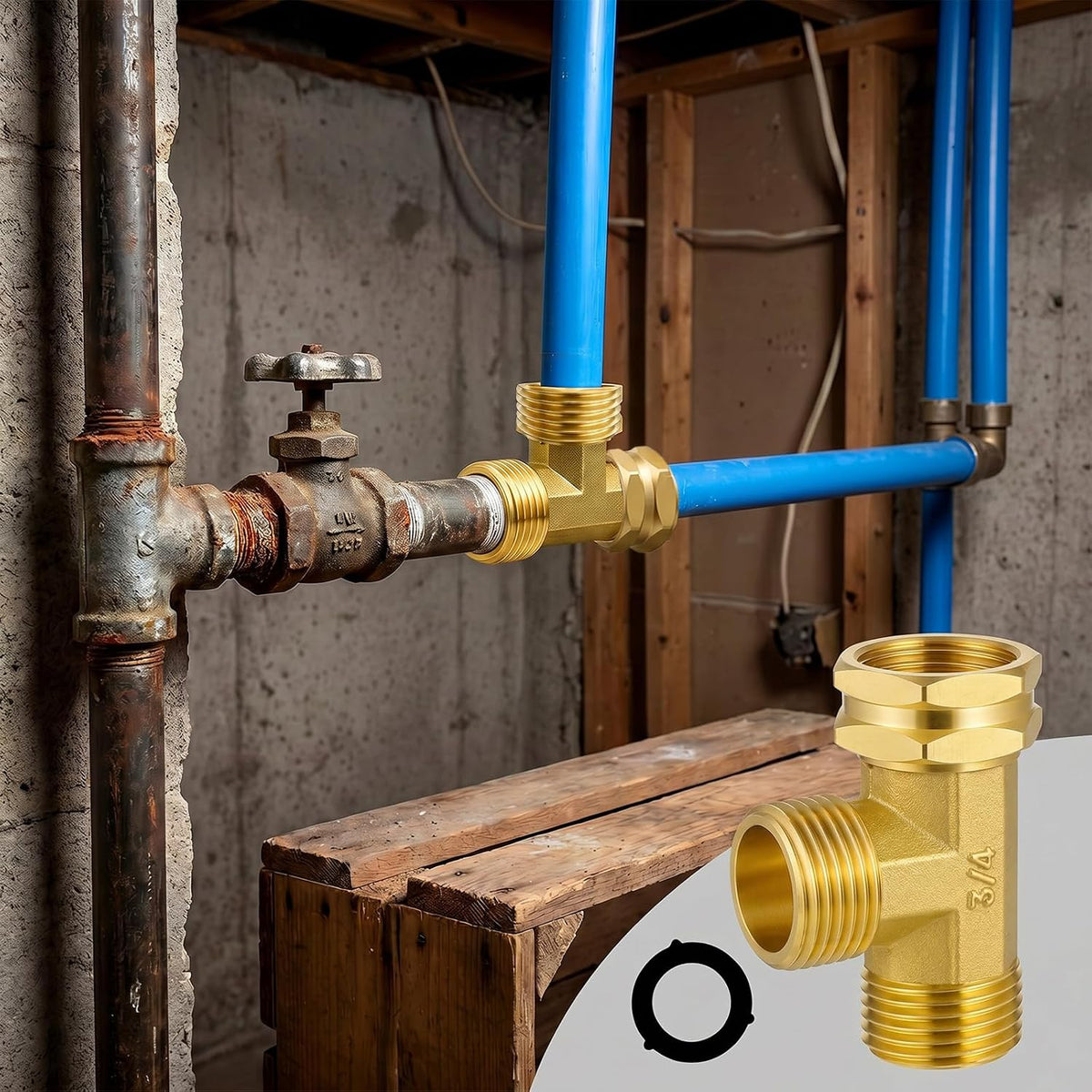 Garden Hose Tee Adapter, Brass Tee Fitting 3/4" GHT Swivel Female x Male x Male Water Pipe Connector Heavy Duty 3 Way Splitter T Shaped Adapter for Outdoor Faucet Hose Bib Drip Irrigation