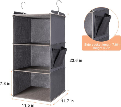 BOOMIBOO Hanging Closet Organizer and Shelves, 4 Shelves with 1 Side Pockets, Foldable, Grey Fabric, Modern Style, for Bedroom and Dorm Room (Grey)
