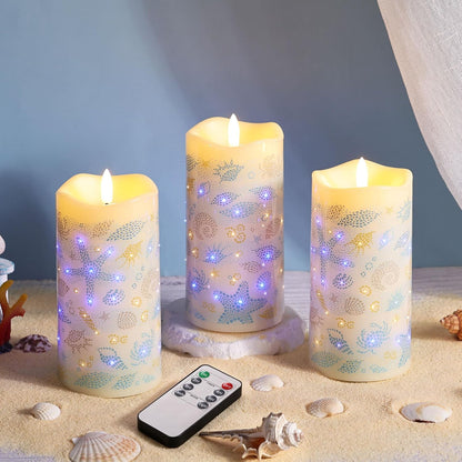 Eywamage Fiber Optic Flameless Pillar Candles with Remote, Floral Butterfly Spring LED Candles Flickering Home Decor Gift Set of 3