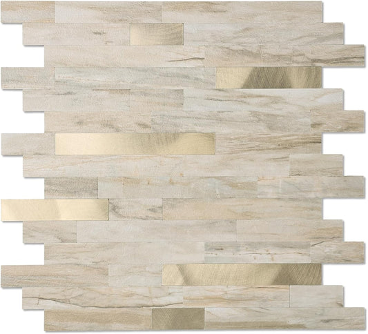 Yipscazo 2026 New Upgrade 11.34" X 11.57" Peel and Stick Backsplash, Stick on Backsplash Tiles for Kitchen, Bathroom, Fireplace (10 Sheets, Beige Rocks + Rose Gold)
