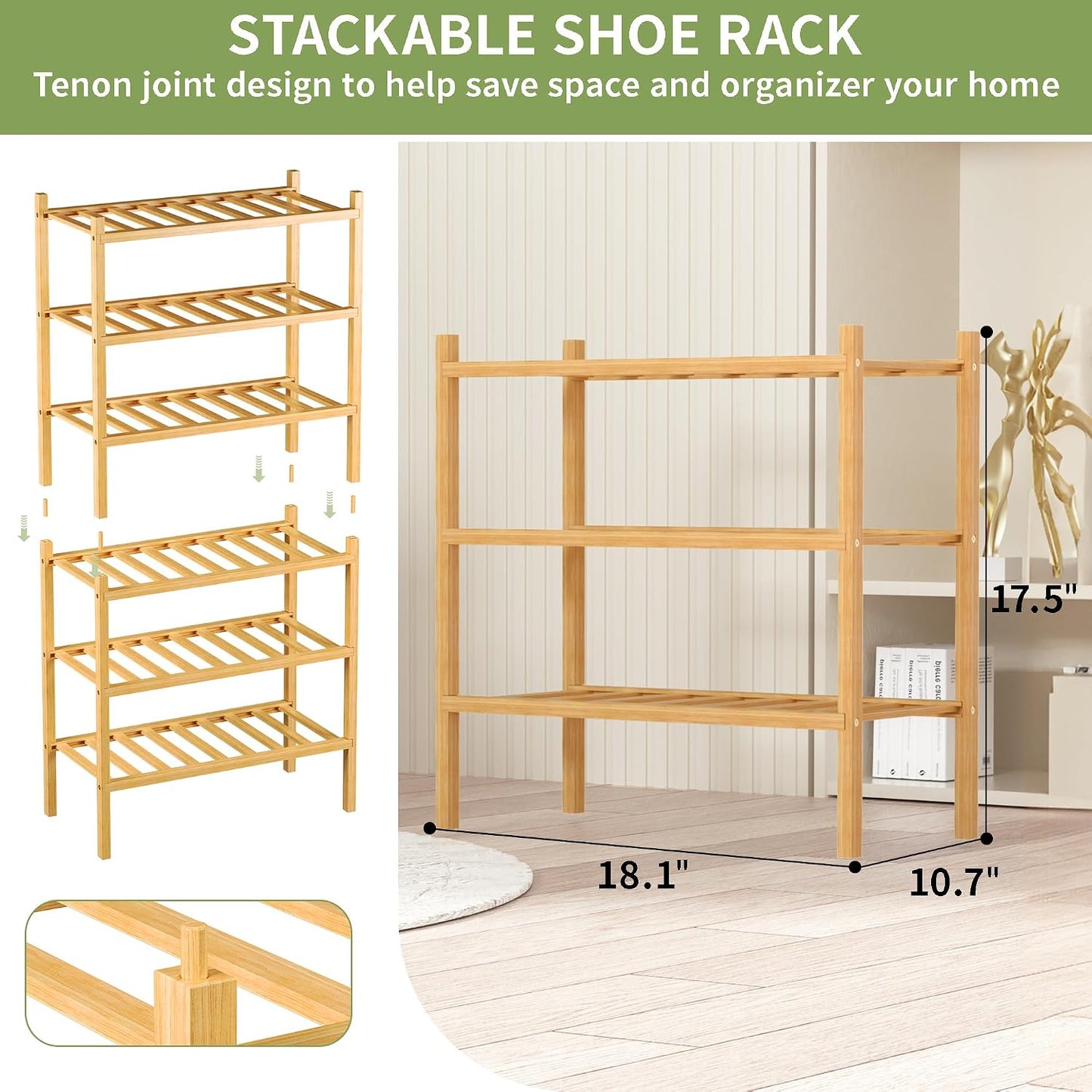 ROMGUAR CRAFT 3 Tier Bamboo Shoe Rack for Closet Free Standing Wood Shoe Shelf Storage Organizer for Entryway Small Space Stackable 27"x11"x20" (Natural)
