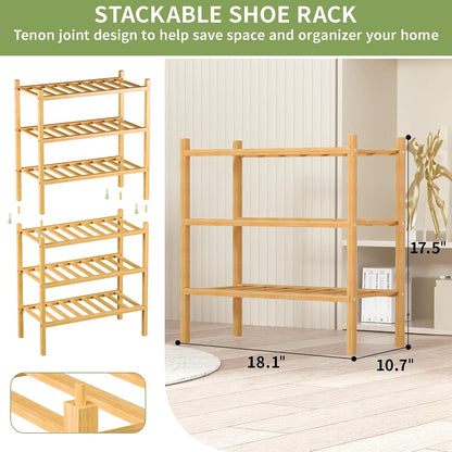 ROMGUAR CRAFT 3 Tier Bamboo Shoe Rack for Closet Free Standing Wood Shoe Shelf Storage Organizer for Entryway Small Space Stackable 27"x11"x20" (Natural)