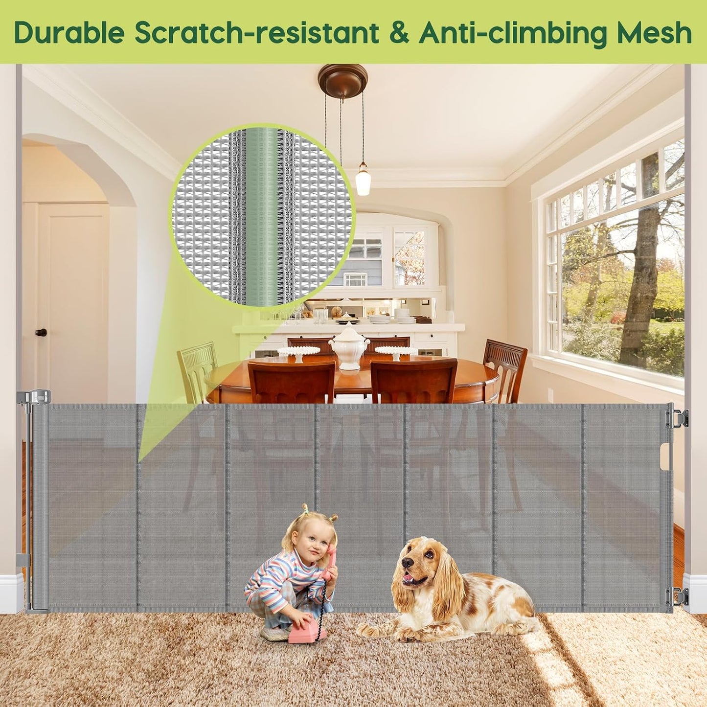 Reinforced 55" Wide Retractable Baby Gates with Reinforced Strips, Indoor/Outdoor Retractable Dog Gate for Doorway Prevent Bottom Drilling Through, No Bottom Bar Safety Mesh Baby Gate for Stair, Black