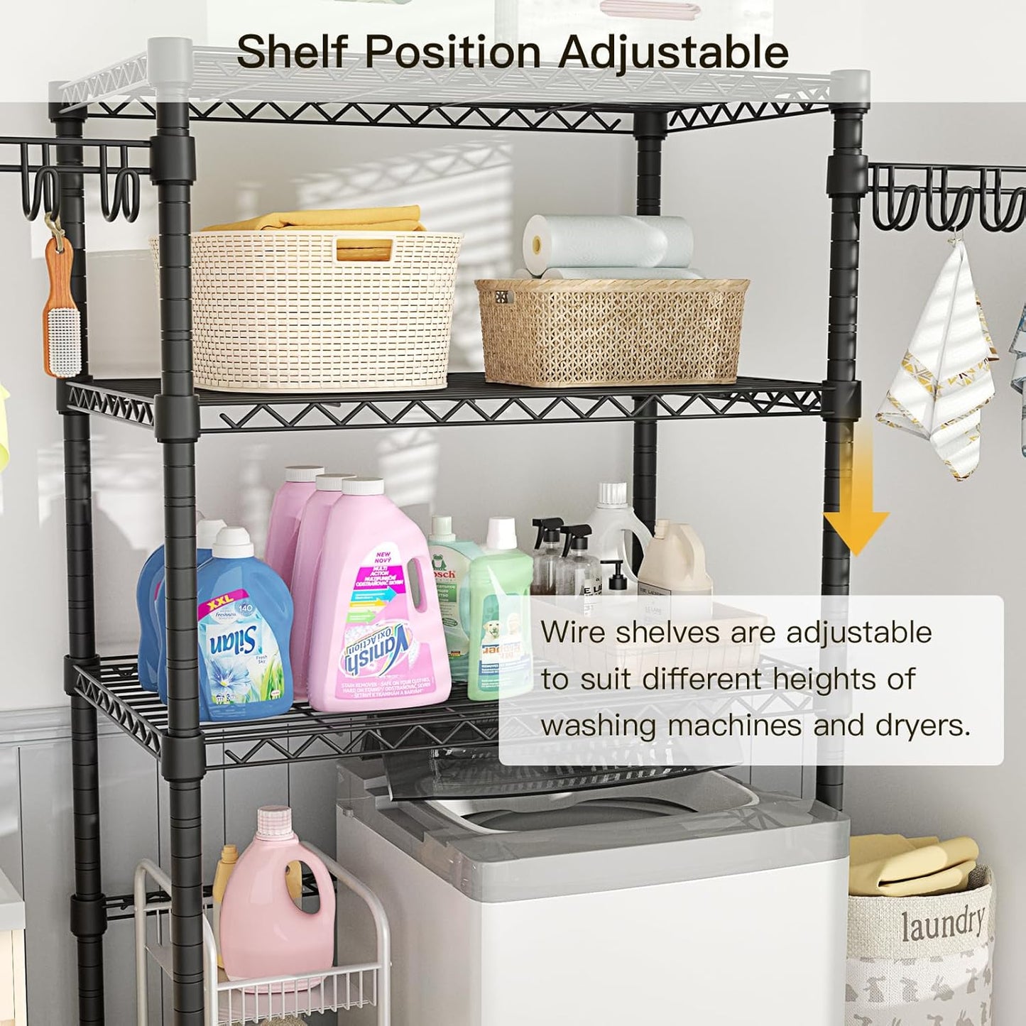 Ulif U8 Mini Laundry Room Storage Organizer, Over the Washer and Dryer Storage Shelves for Laundry Organization, 29.5”W x 17.3”D x 76.2”H, Suit Washing Machine Width within 27.1”, Hold 304 lb, Black