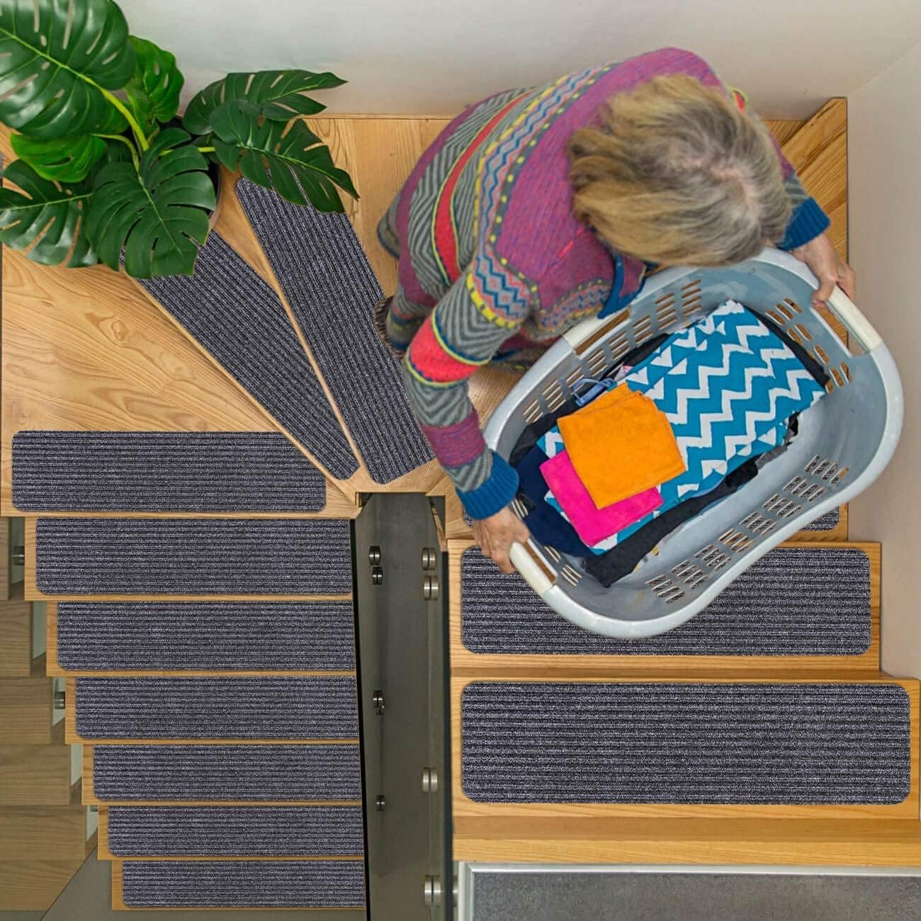 RIOLAND Stair Treads Carpet Non-Slip Indoor Stair Runners for Wooden Steps, Stair Rugs for Kids and Dogs, Set of 15, 8" X 30", Gray