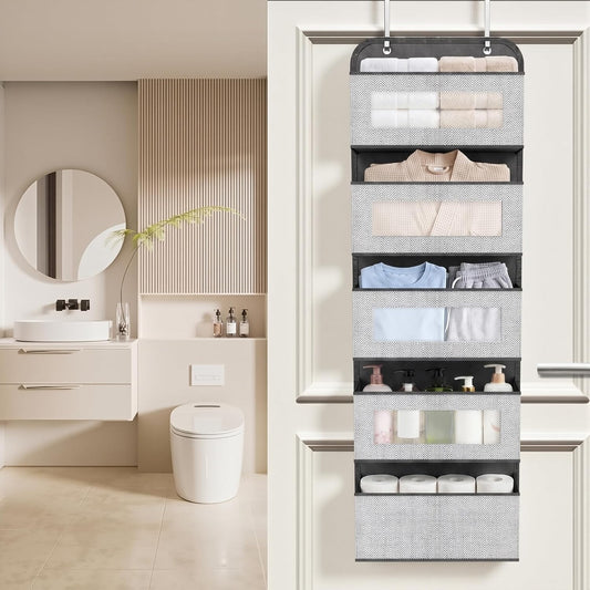 Narrow Over The Door Organizer, 5 Large Pockets Fabric Storage, 12" Wide | With Metal Hooks, Clear Window for quick view, 11.8" Slim design, Back of Door Hanging for Clothes Pantry Dorm Bedroom