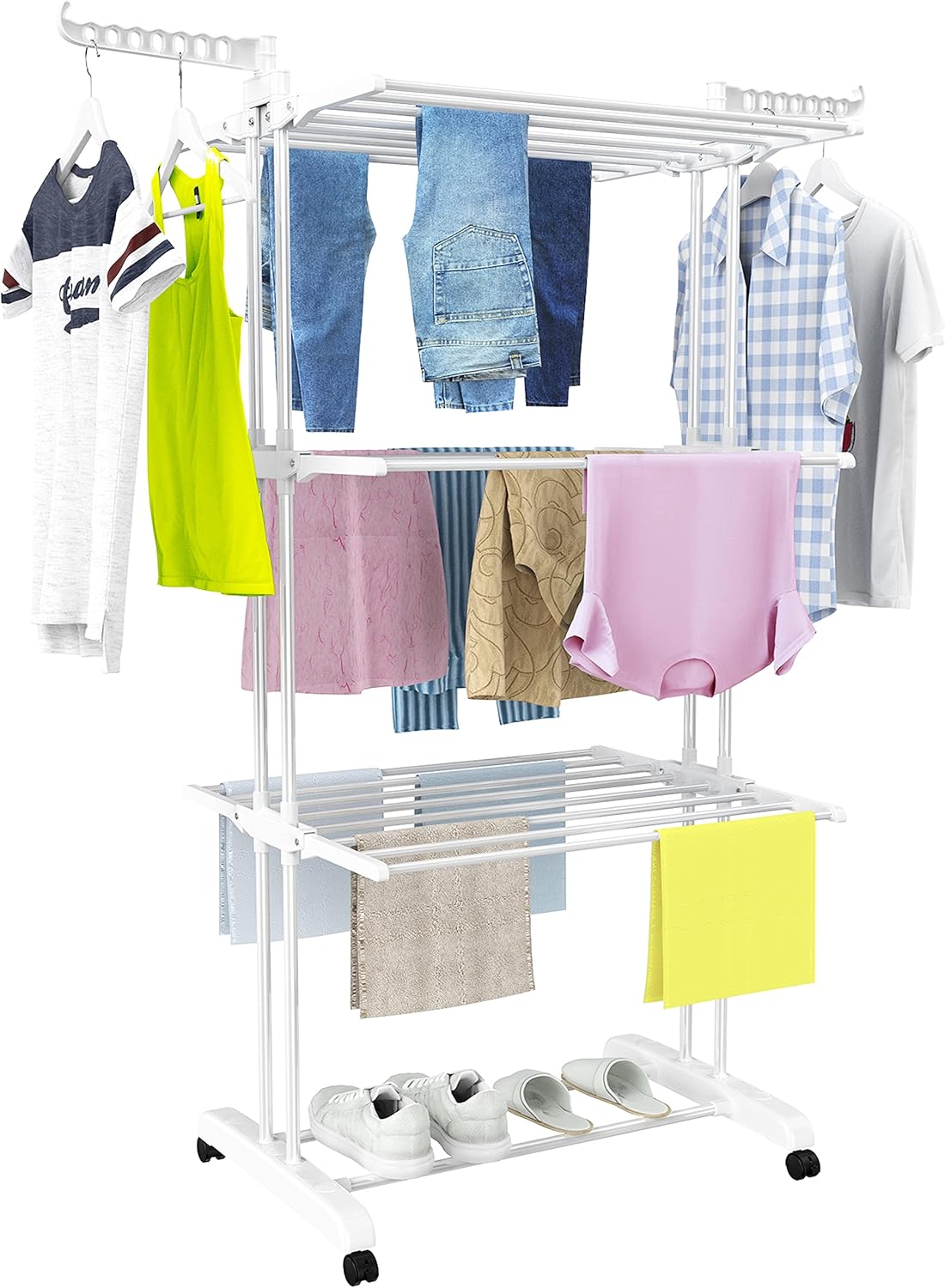 HOMIDEC Clothes Drying Rack, Oversized 4-Tier(67.7" High) Foldable Stainless Steel Drying Rack Clothing, Movable Drying Rack with 4 castors, 24 Drying Poles and 14 Hooks for Bed Linen, Clothing, Grey