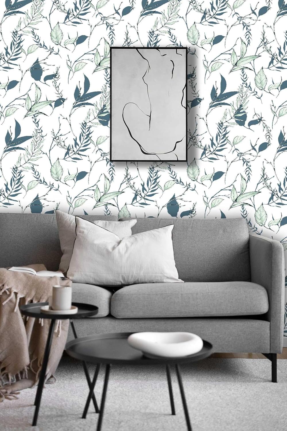 Sage Green and Blue Leaf Peel and Stick Wallpaper Modern Removable Self Adhesive Waterproof Renter Friendly Wall Covering for Bathroom and Accent Walls 17.7in x 88.5in