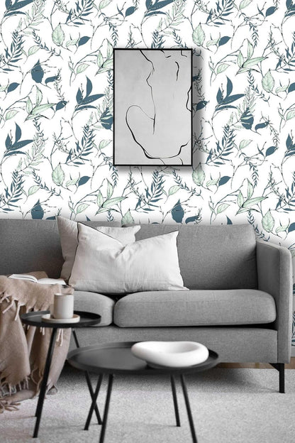 Sage Green and Blue Leaf Peel and Stick Wallpaper Modern Removable Self Adhesive Waterproof Renter Friendly Wall Covering for Bathroom and Accent Walls 17.7in x 88.5in