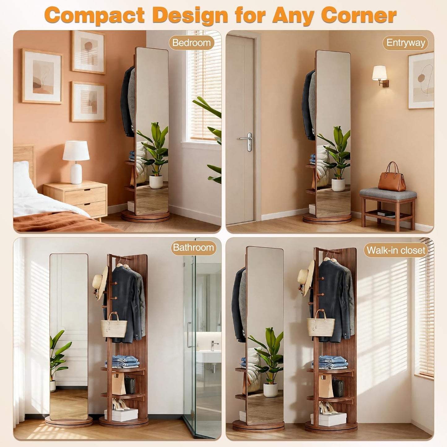 Full Length Mirror with Coat Rack & Storage, 360° Rotating Solid Wood Standing Floor Mirror with Shelves for Bedroom, Entryway, Dressing Room (Natural Wood, 66" x 18")
