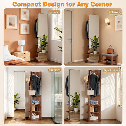 Full Length Mirror with Coat Rack & Storage, 360° Rotating Solid Wood Standing Floor Mirror with Shelves for Bedroom, Entryway, Dressing Room (Natural Wood, 66" x 18")