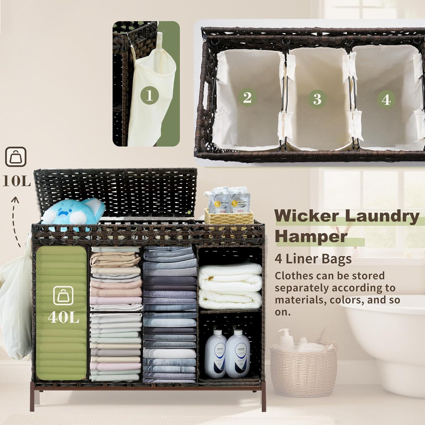 Gitelsnour Laundry Hamper with Lid, 110L (29.1 Gal) Rattan Laundry Hamper 2 Section with 50L (13.2 Gal) Storage Shelf, Wicker Woven Laundry Sorter Basket with 3 Liner Bags and Handles, Brown GLH002BR