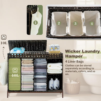 Gitelsnour Laundry Hamper with Lid, 110L (29.1 Gal) Rattan Laundry Hamper 2 Section with 50L (13.2 Gal) Storage Shelf, Wicker Woven Laundry Sorter Basket with 3 Liner Bags and Handles, Brown GLH002BR