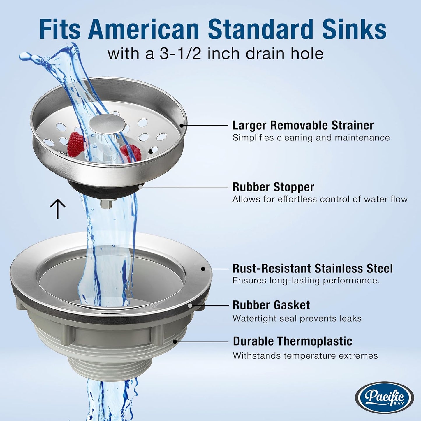 Pacific Bay Sink Strainer with Stainless Steel Basket, 3.5 inch Drain | Sink strainer with a removable stainless-steel basket. Stops clogs, resists rust. Fits standard 3.5-inch drains.