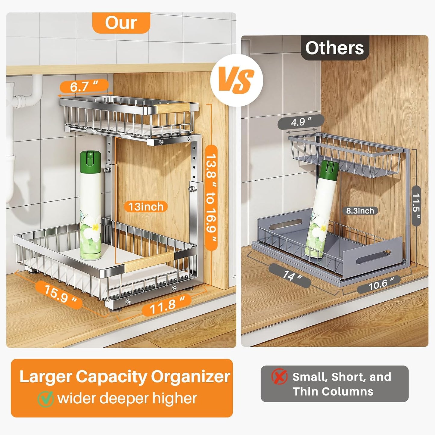 PXRACK Under Sink Organizer, Adjustable Height, 2 Tier Pull Out Under Cabinet Organizer, Slide Out Thickened Metal Under Sink Storage for Kitchen Bathroom Laundry Pantry Cabinet, White, Large-1-Pack