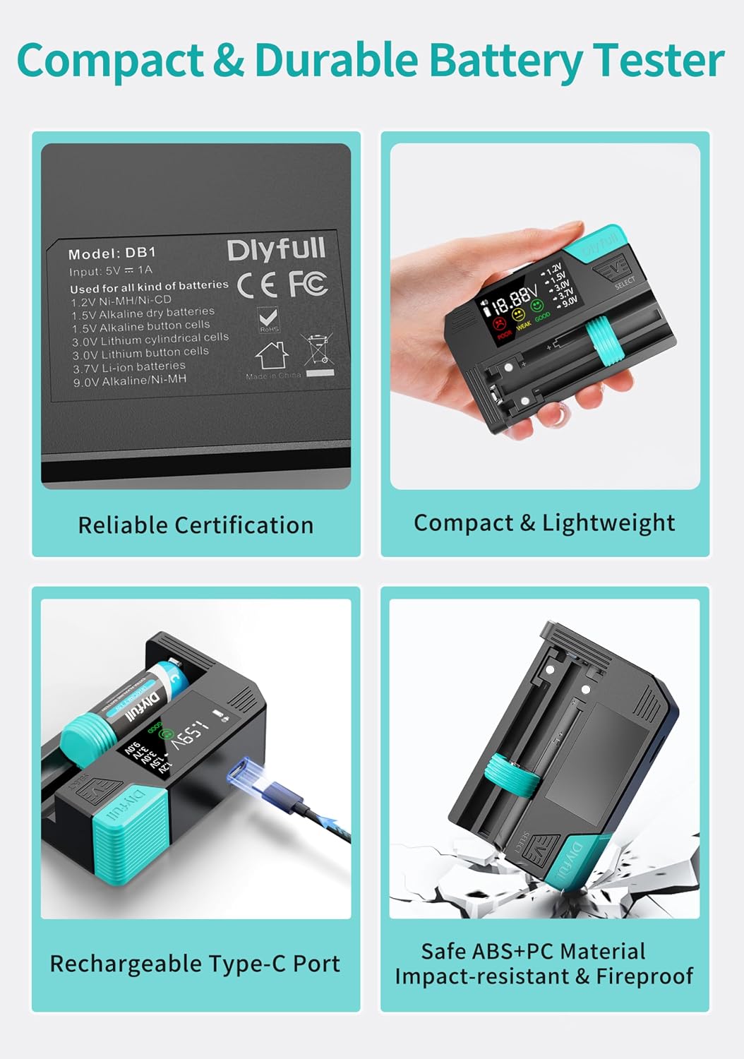Dlypow Magnetic Battery Tester for AAA AA C D 9V, Button Cell & Rechargeables
