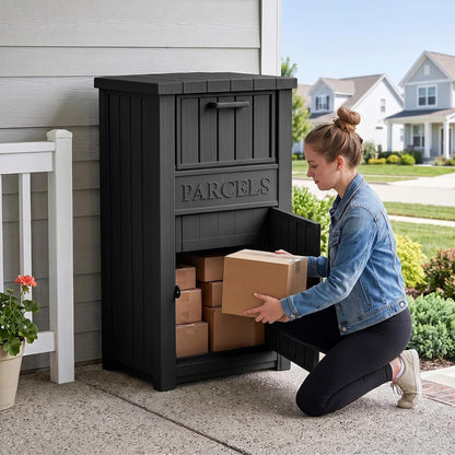 Outdoor Storage Box, 90 Gallon Package Delivery Boxes for Outside, with Lockable Secure, Deck Box Outdoor Waterproof for Entryway, Front Porch, Backyard, Garden, Patio, Lawn, Black