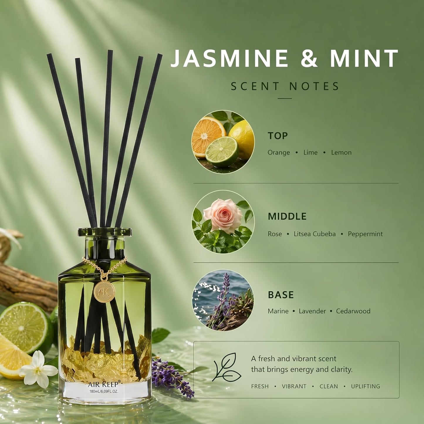Airkeep Reed Diffuser Set,Black Forest Luxury Scented Diffuser with Sticks Long Lasting Home Fragrance for Bathroom Shelf Decor 6.09 fl oz (180ml)