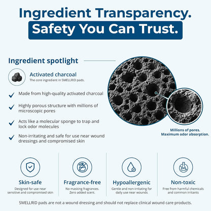 SMELLRID Activated Charcoal Odor Absorber Pads – 12 Unscented Adhesive (4"x4") Charcoal Pads for Body Odor, Flatulence & Personal Care Environments – 100% Coconut Shell Carbon