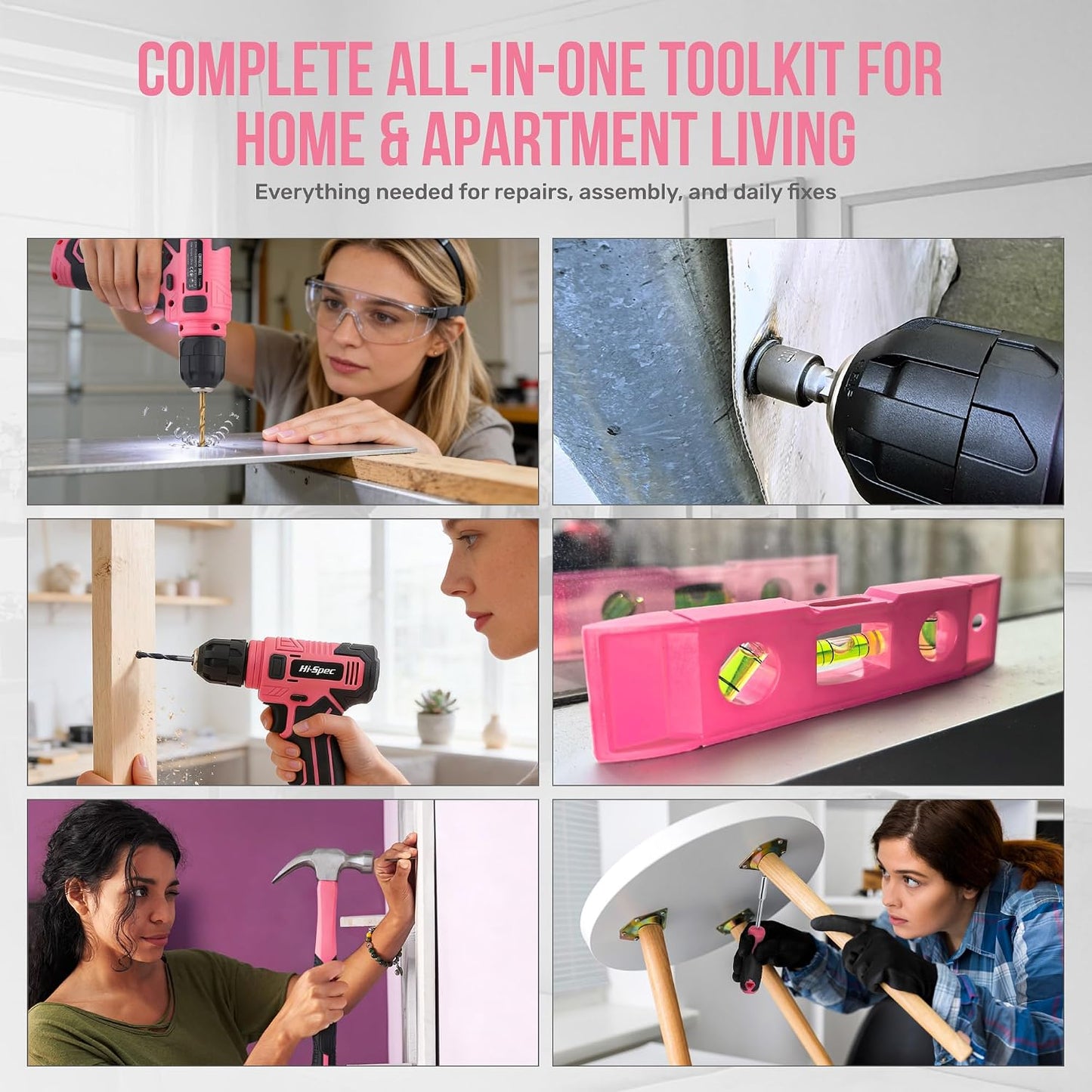 Hi-Spec Pink Tool Set with 8V Drill Set. Complete Cordless & Rechargeable USB Electric Drill Driver Kit for Women, Home DIY Repair & Maintenance, in a Compact Toolbox.