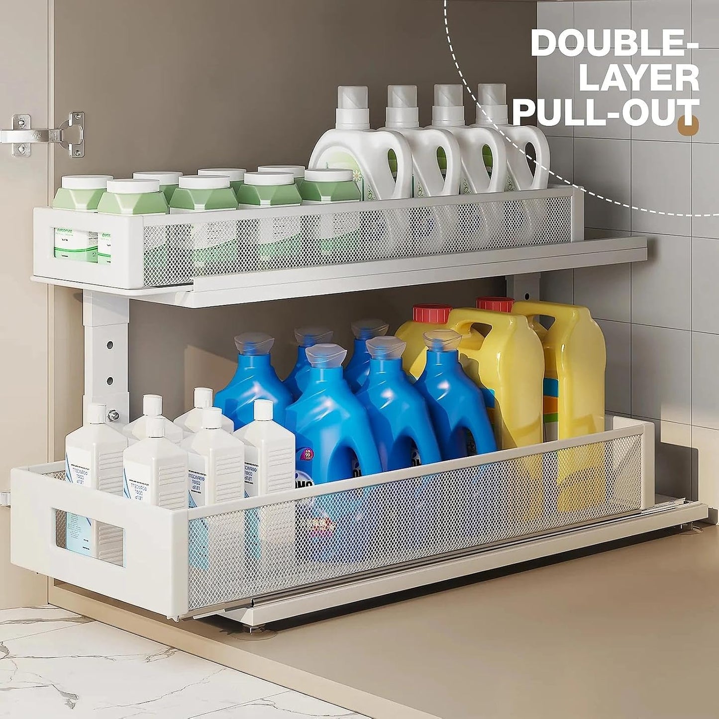 2 Pack Under Sink Organizer with Next-Gen Ball-Bearing Slides,2-Tier Pull Out Cabinet Storage,Height Adjustable Drawer Shelf for Bathroom,Kitchen,Laundry,Cabinet,Pantry(Patent Pending)