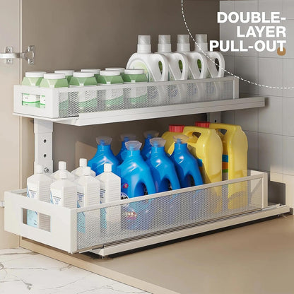 2 Pack Under Sink Organizer with Next-Gen Ball-Bearing Slides,2-Tier Pull Out Cabinet Storage,Height Adjustable Drawer Shelf for Bathroom,Kitchen,Laundry,Cabinet,Pantry(Patent Pending)